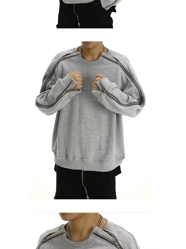 Мужская серая толстовка большого веса с круглым вырезом, двусторонней молнией, пэчворком и дизайном со спущенной линией плеча