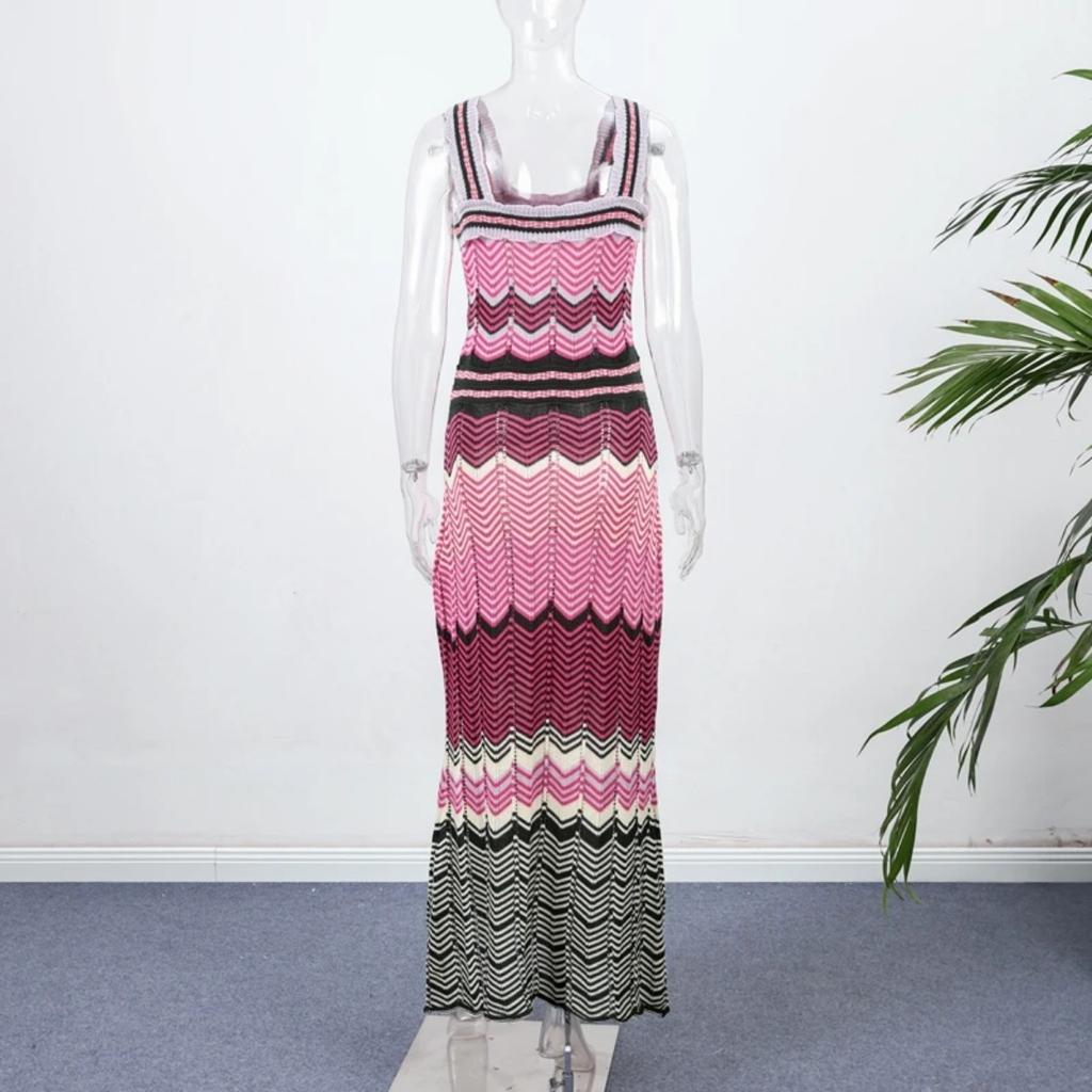 LYRIA Элегантное вязаное платье Женское приталенное без рукавов с квадратным вырезом на бретелях Длинные платья Новые женские праздничные модные платья