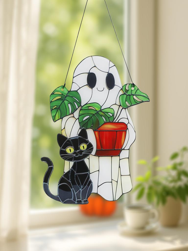 Cute Halloween Ghost Hanging Decor Acrylic Black Cat & Potted Plant Decortive Sun Catchers Window Ornament for Home & Party Gift
