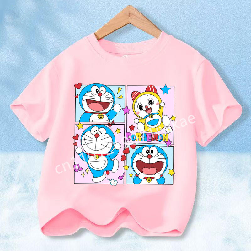 Doraemon Colorful T-shirt Printed Short-sleeved Outdoor Simple Comfortable Pullover Tops Summer Clothes Casuals Round Neck Shirt