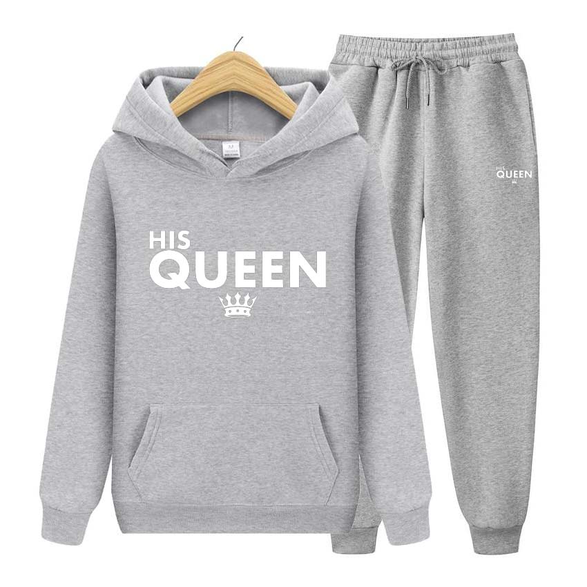 Спортивный костюм, комплект из 2 предметов, унисекс, толстовки с капюшоном His Queen, флисовая толстовка + брюки, костюм с капюшоном, мужские комплекты для бега, толстовка с принтом королевы, спортивный костюм