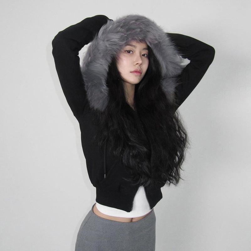 Goth Dark Streetwear Толстовки с капюшоном с воротником из искусственного меха с двойной молнией Пальто с капюшоном Женские повседневные куртки в готическом стиле с карманами Y2K Grunge Fall Cardigan