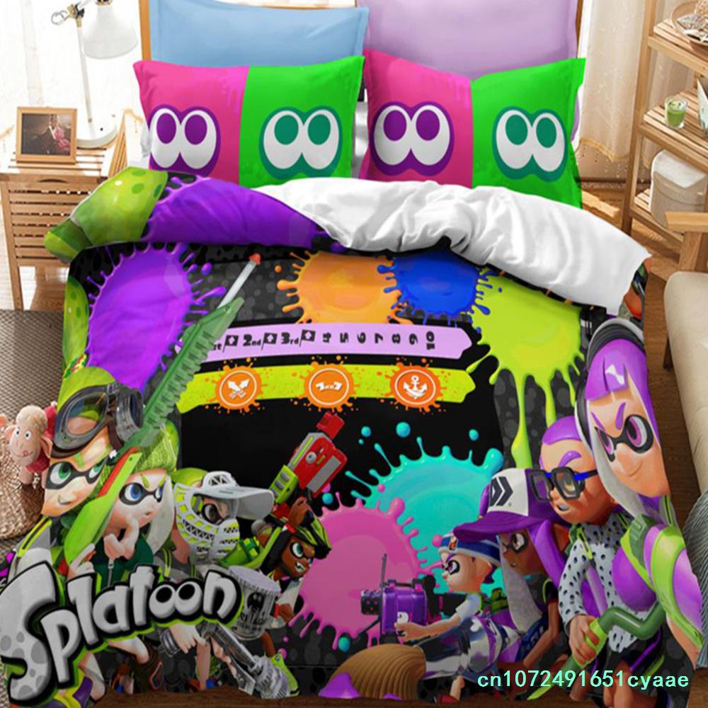 Популярный комплект постельного белья с принтом игры Splatoon 2, 3D-мультяшный комплект пододеяльников, наволочка для подушки, двуспальная кровать размера Queen, комплект постельного белья размера King Size
