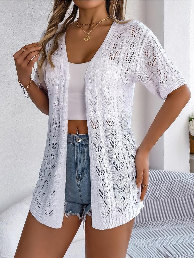2024 Summer Woman White Hollow Short Sleeved Knitted Cardigan Vacation Sun Protection Shirt