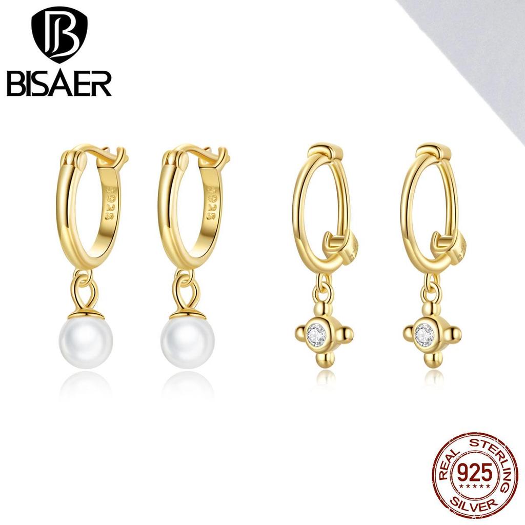 Bisaer 925 Sterling Silver Exquisite Charming French Gold-plated Pearl Zircon Hoop Earrings for Women Fine Jewelry
