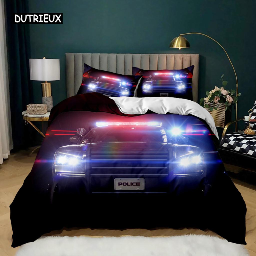 Пододеяльник с изображением полицейской машины, черный комплект постельного белья с изображением полицейской машины, чехол для одеяла с изображением мультяшного транспортного средства, красный чехол для пододеяльника с изображением полицейских огней из полиэстера