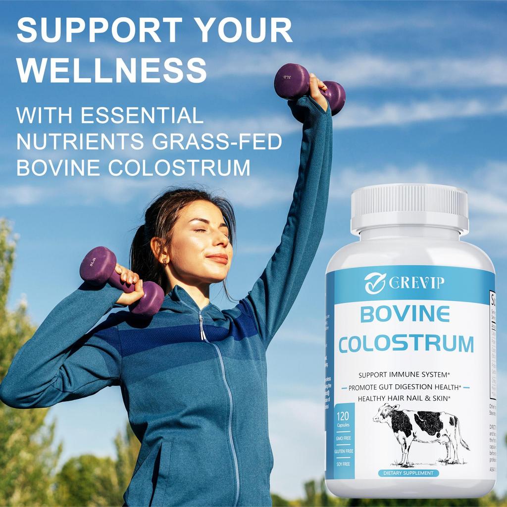 Bovine colostrum dietary capsules, high purity, immunoglobulins, boosts immunity, suitable for adults.