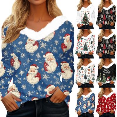 Женская футболка, модная, повседневная, с длинным рукавом, с принтом, флисовым воротником, с V-образным вырезом