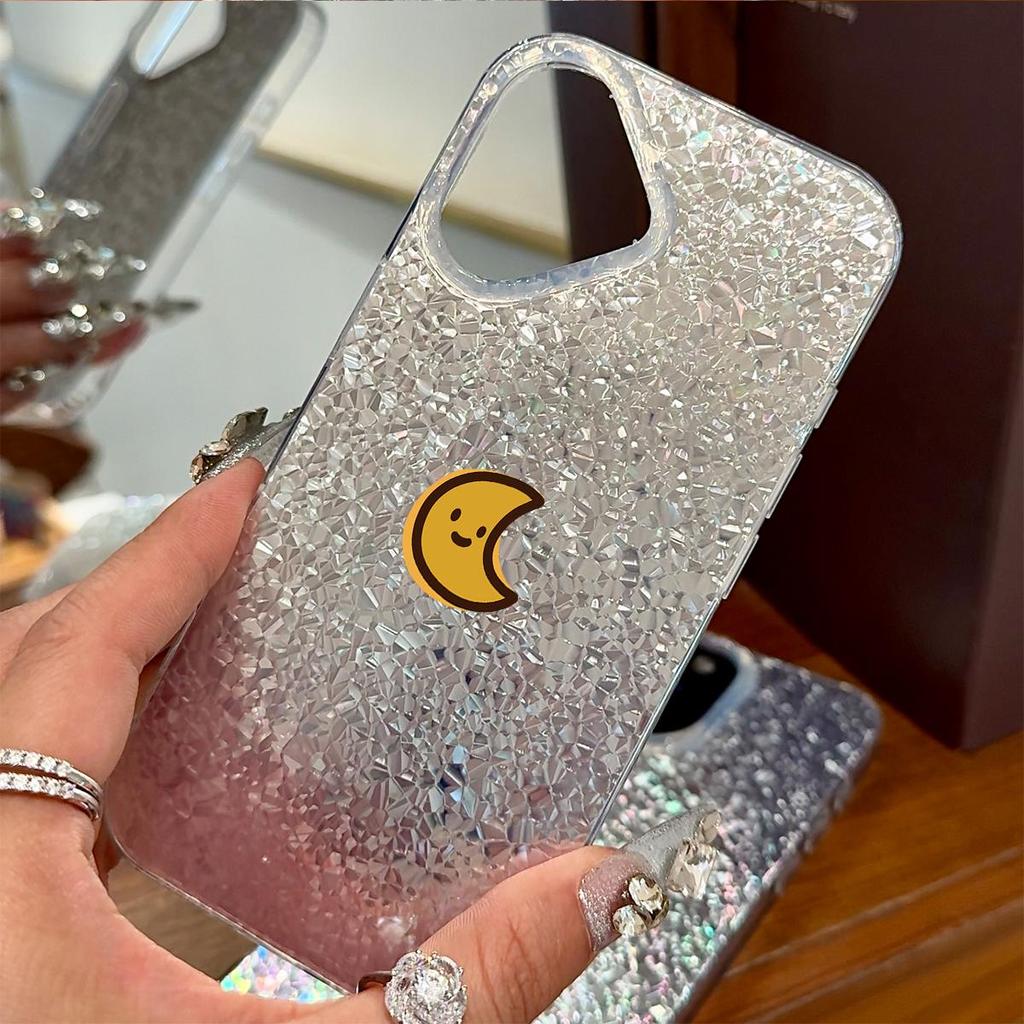 Чехол для iPhone 13 12 15 16 Plus 14 18 Pro Max XR XS Max 17 Pro 11 Air Желтый Полумесяц Улыбка Блеск Треск Фольга Акрил ТПУ Чехол для Телефона