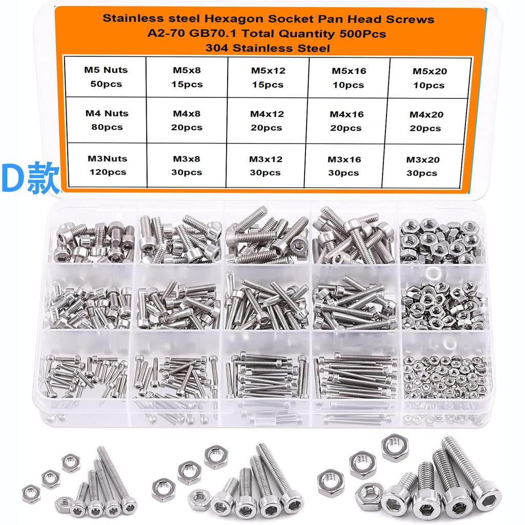 500Pcs High-strength Hexagon Screw Set Cup Head Round Cup Flat Cup with Nut Set M3M4M5 Diversified