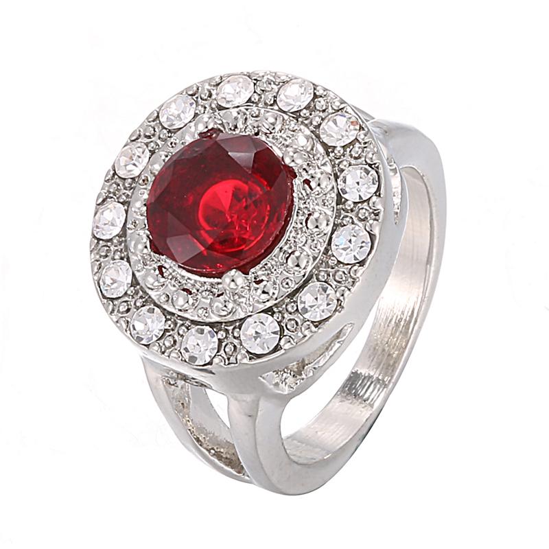 Мода Круглый Красный Кристалл Горный Хрусталь Серебряный Цвет Обручальное Кольцо Серьги Ожерелье Набор