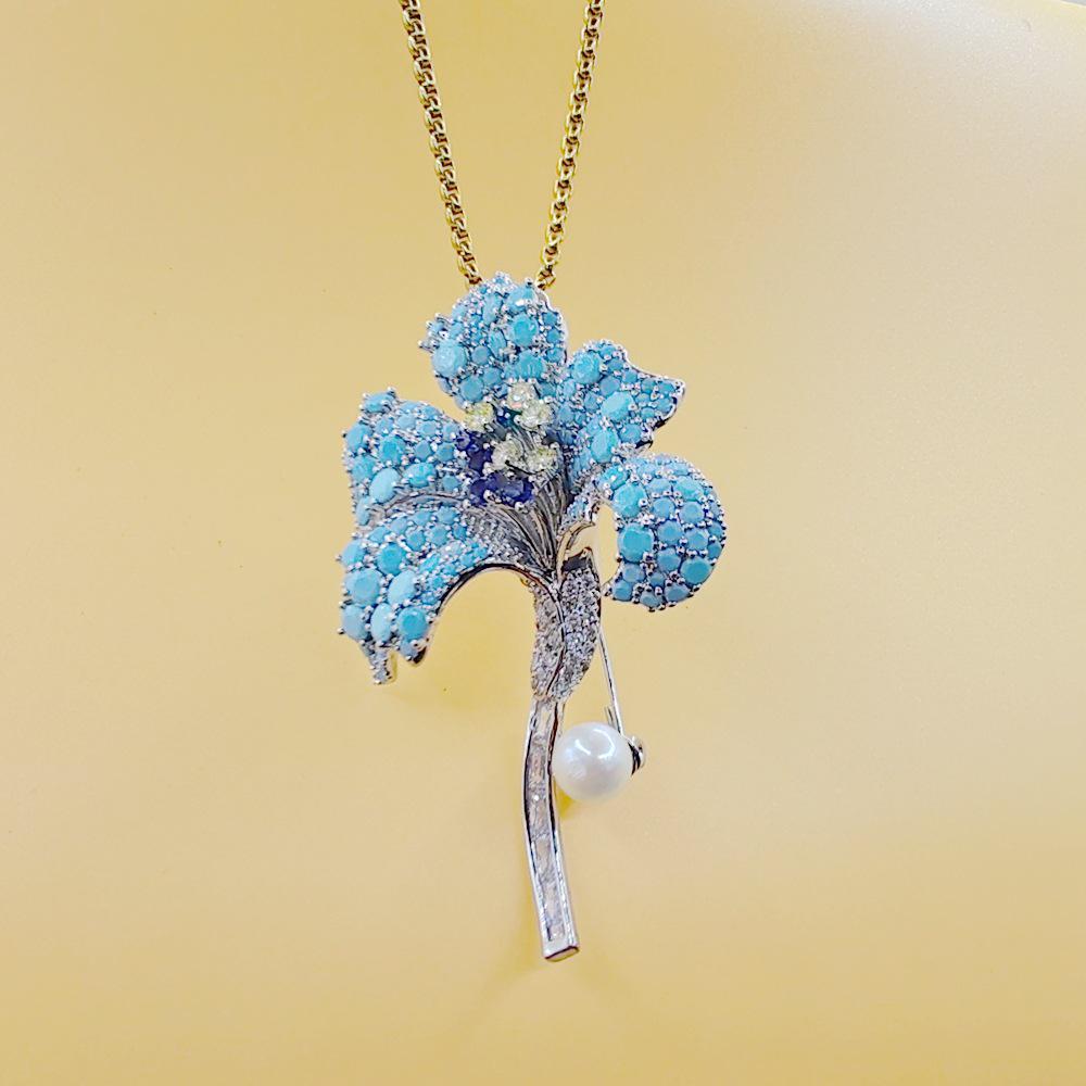 Ретро брошь-ирис с бирюзовой инкрустацией и цепочка для свитера - Роскошный двусторонний 3D женский аксессуар