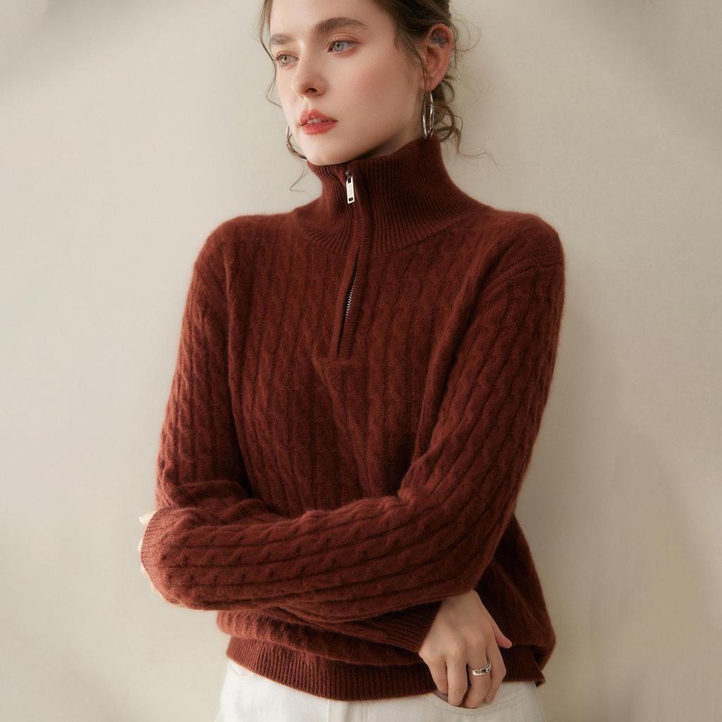 Women's Thickened Cashmere Half-Zip Knit Sweater - Loose Fit, Soft, Turn-Down Collar for Autumn and Winter