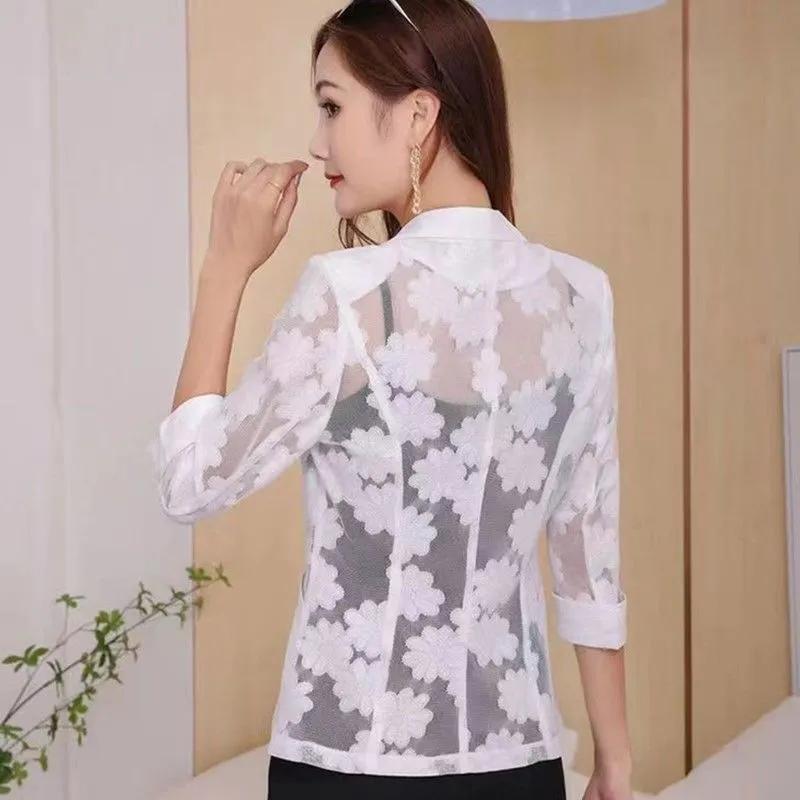 Women's Summer Lace Shorts Blazer Jacket Seven Sleeve Commuter Sun Shirt