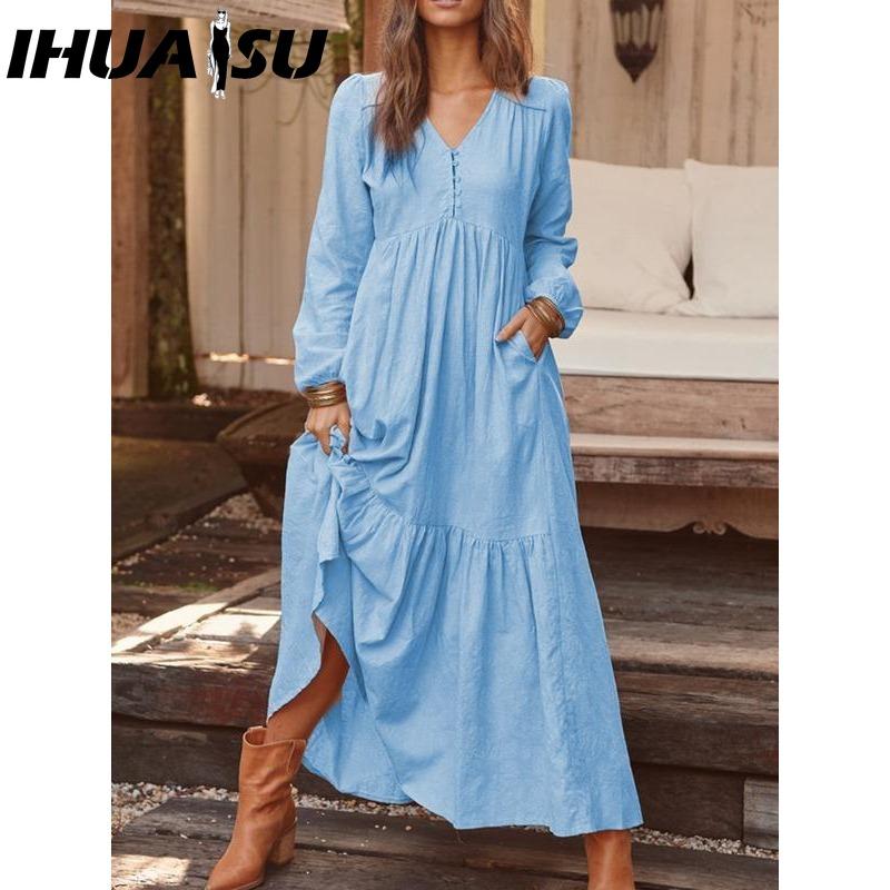 IHUASU Women's Cotton Maxi Dress Long Sleeve Ruffle Pocket