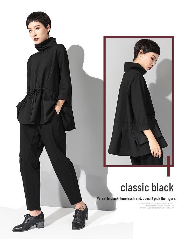 Трендовый женский топ в европейском и американском стиле, темный, с длинными рукавами и кулиской на талии - весна/осень