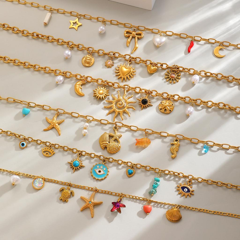 2026 Fashion Multi-element Ocean Wind Love Bow Sun Moon Devil's Eye Pendant Chain Necklace