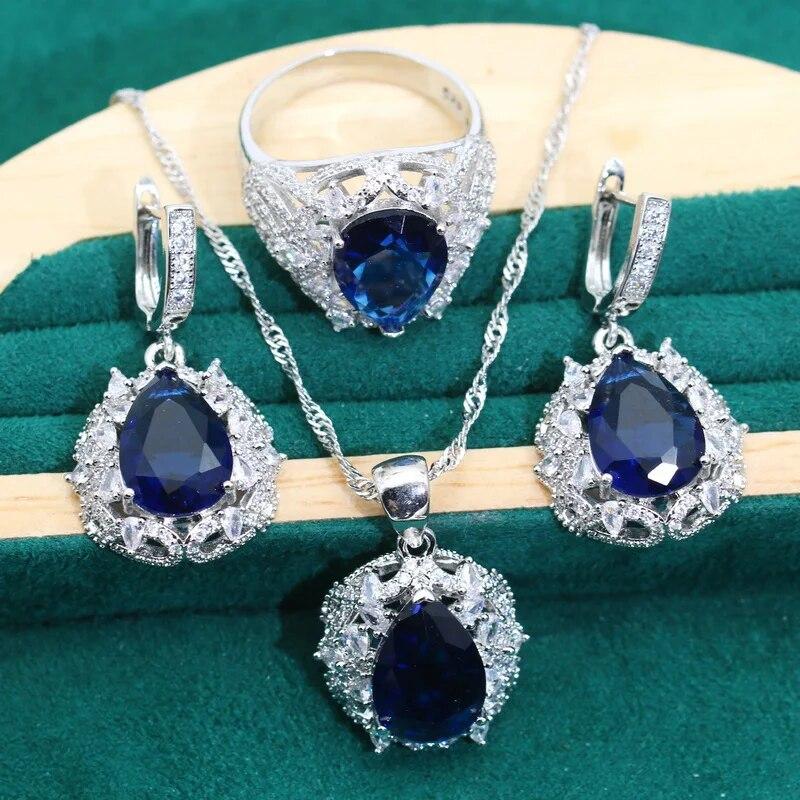 Роскошные элегантные комплекты ювелирных изделий из серебра 925 пробы Дубай, женские свадебные синие циркониевые ожерелья, серьги, кулон, кольцо, браслет