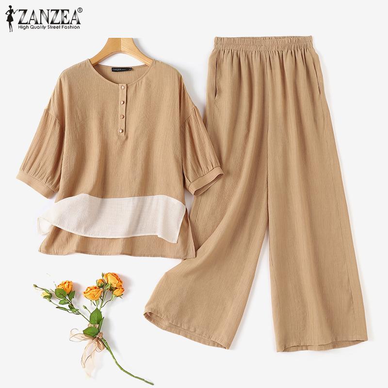 ZANZEA Женская блузка и брюки, повседневный летний комплект из двух предметов с брюками