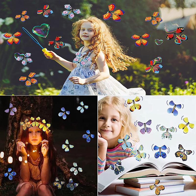 10Pcs Magic Flying Butterflies Wind Up Toy In The Sky Bookmark Greeting Cards Rubber Band Powered Kids Magic Props Surpris Gift