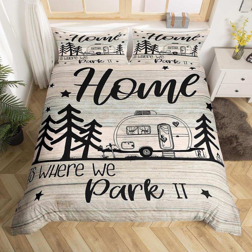 Comforter Happy Camping Queen Full Twin King Camper Theme Comforter With 2 Rustic Farmhouse Style Bedding Set