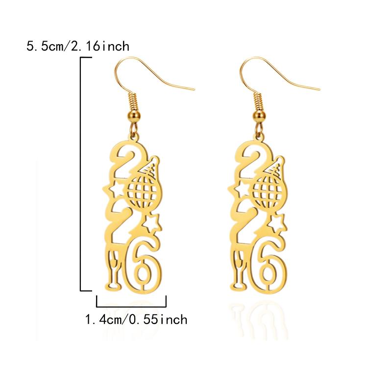 Минималистичные серьги-подвески из нержавеющей стали с номером 2026 для женщин и мужчин, золотого цвета, в виде звезды и сердца, ювелирное украшение в подарок на Новый год
