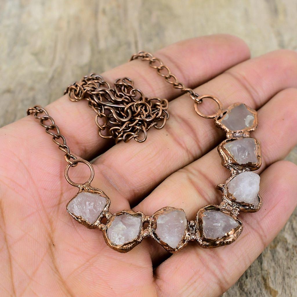 Грубое ожерелье из розового кварца, электроформованное медное ожерелье, регулируемое цепочное ожерелье, драгоценные камни, электроформованные ювелирные изделия для подарка, ожерелье ручной работы