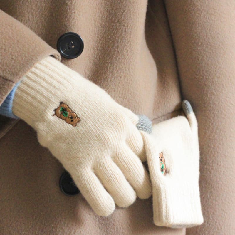 SNOOZY Квокка Вышитые Шерстяные Вязаные Перчатки Бежевые
