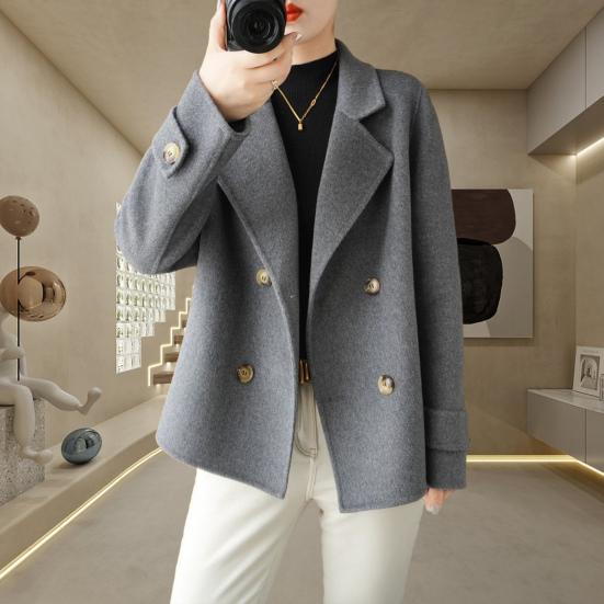 Women Fall Winter Woolen Coat Double-breasted Lapel Long Sleeve Loose Solid Color Thickened Warm Formal Business Style OL Commute Jacket