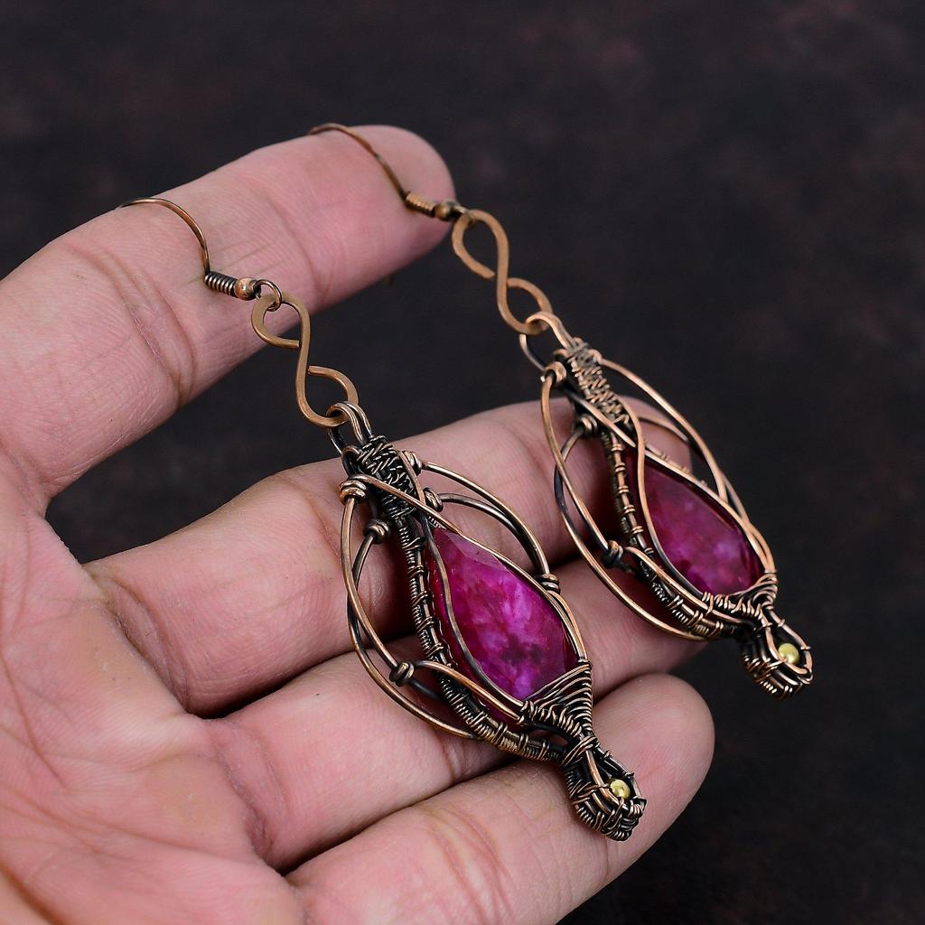 Граненые серьги с кашмирским рубином, серьги из медной проволоки, серьги ручной работы, потрясающие медные украшения, оригинальные серьги с драгоценными камнями, подарок для мамы