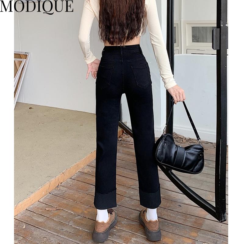MODIQUE, весенние большие размеры, новые женские винтажные эластичные прямые длинные джинсы с высокой талией, женские базовые повседневные брюки, брюки