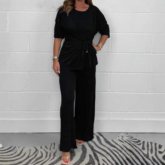 2 шт./комплект женский топ брюки костюм круглый вырез длинный рукав шнуровка