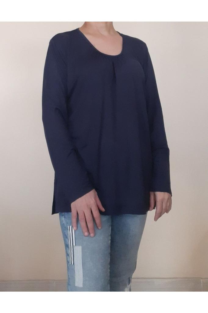 Женская стильная футболка большого размера, темно-синяя футболка из чесаного хлопка и вискозы с присборенным воротником