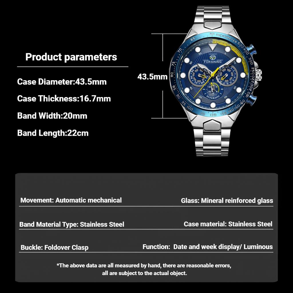 Forsining Luxury Waterproof Mechanical Large Man Watches Stainless Steel Automatic Movement Chronograph Wristwatch