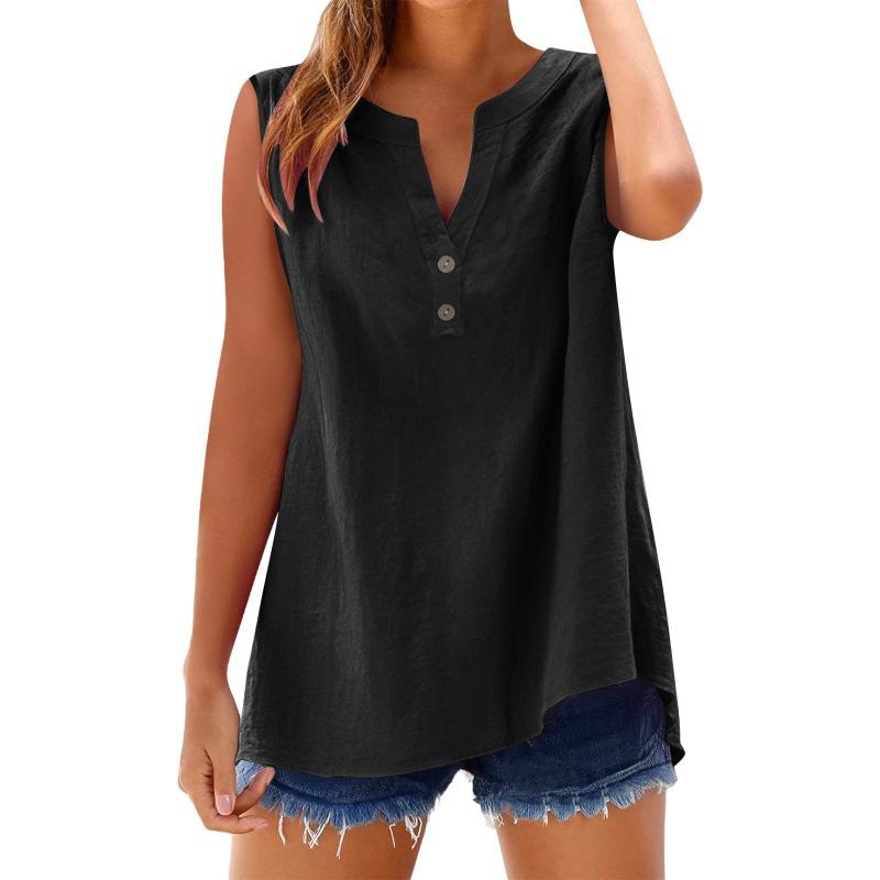 Женская рубашка Летняя мода Повседневная на пуговицах Свободная Без рукавов Бамбуковый хлопок Топ Женская одежда