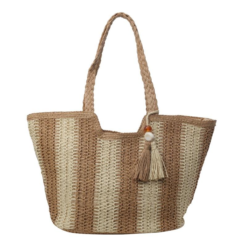 2025 Summer New Vertical Striped Straw Bag High-end Vacation Style Portable Woven Bag Casual Shoulder Beach Bag