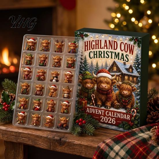 Cute Collection Figurines 2026 Highland Cow Christmas Advent Calendar, 24-Day Acrylic Countdown Ornament Set with Classroom Exchange Gifts