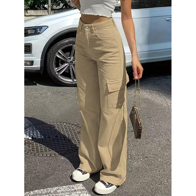 Весенняя мода Прямые джинсы Повседневные С высокой талией Инс Уличные Карманы Рабочая одежда Свободные брюки