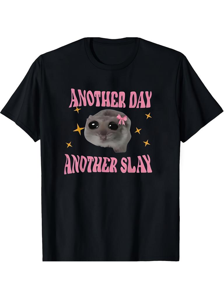 Men' Slay Sad Hamster Meme TShirt Funny Slay Meme Graphic with Pink Hamster Design Casual Short Slee