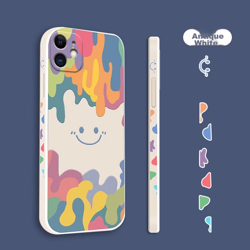 Liquid Silicone Case for IPhone 12, Protective Cover with Painted Creative Design, Shockproof Soft Smiley Face], 6.1 Inch, White