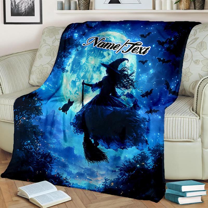 1PC Custom Name Moonlit Witch's Flight outdooor Flannel blankets Throw Blanket All-Season Throw Gift Bedspread for Couch, Bed, Camping Holiday Birthda