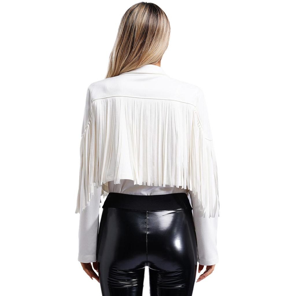Womens 80s Hippie Cowgirl Fringe Cropped Jacket Open Front Outerwear