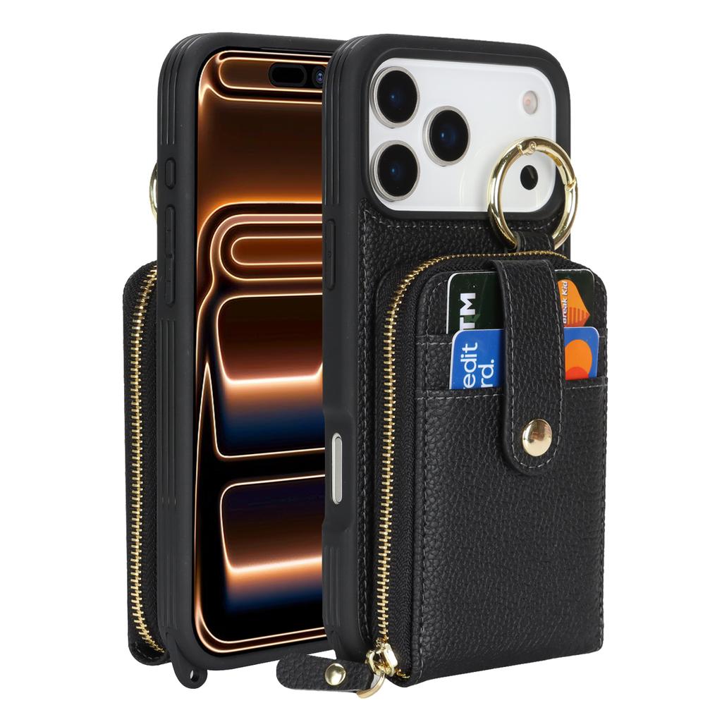 Чехол для iPhone 17 Pro Max с карманом на молнии / Кольцом-подставкой / Ремешком PU с текстурой личи + ТПУ Чехол для телефона