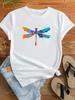 (Asian Size) Women Dragonfly Lovely Watercolor Trend Short Sleeve Fashion Clothing Casual Tshirt Female Print Lady Tee Top Graphic T-shirts