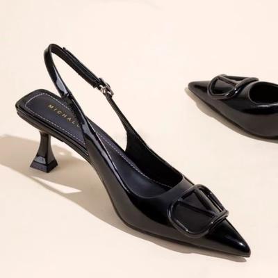 Однословные сандалии с сумкой на носке, высокие каблуки, заостренный носок, новые французские шпильки, женские летние из черной лакированной кожи