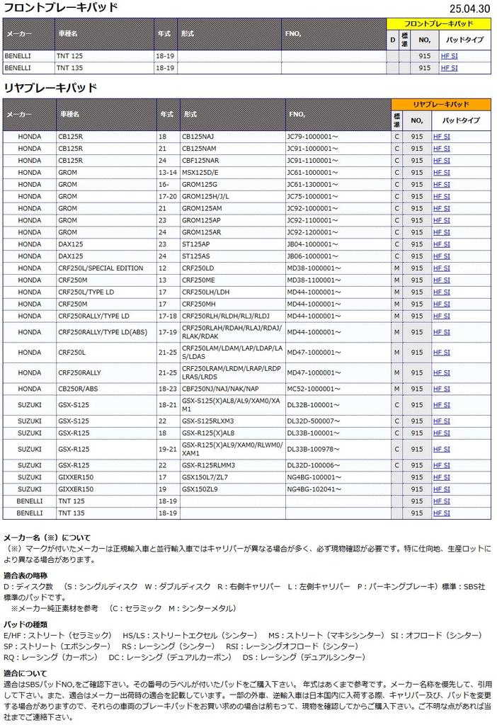 Kitaco SBS Brake Pad 915SI Sintermetal GROM Grom CRF250L / Special Edition CRF250M 777-0915070