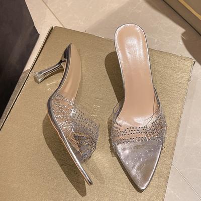 Мода 2025 Новый стиль плюс-сайз Однотонные шлепанцы на высоком каблуке с квадратным носком для женщин Прозрачные босоножки на тонком каблуке со стразами Летние сандалии