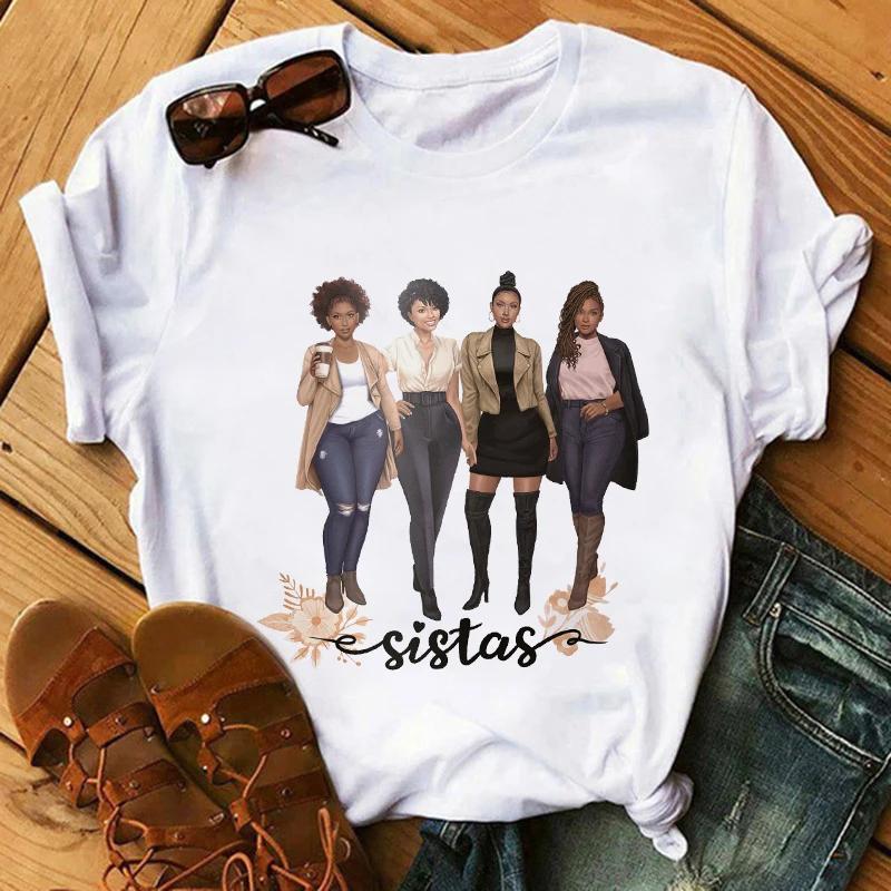 Футболка с модным принтом Kawaii Melanin T Shirt Women Funny Black African Curvy Hair Girl Graphic Tees Aesthetic T Shirt Female Unisex