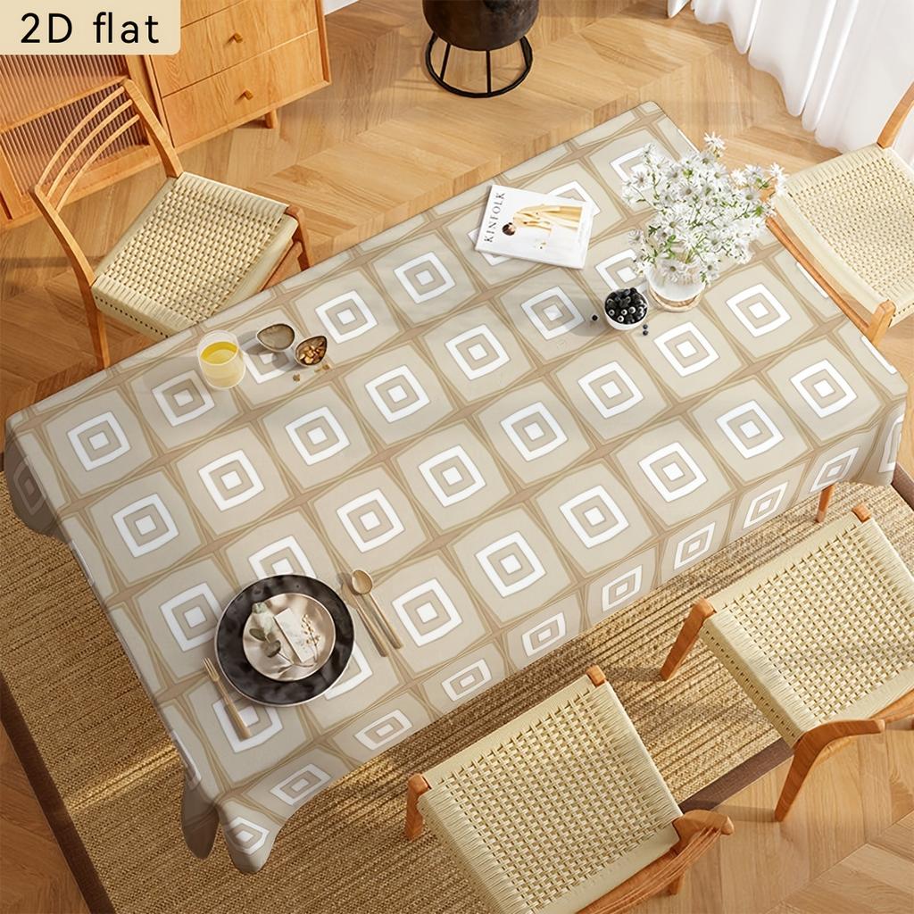 2D Flat Banner 1pc Beige White Geometric Checkered Pattern Tablecloth, 2D Flat Kitchen Dining Table Decor, Party Tablecloth Home Decor, Suitable for B