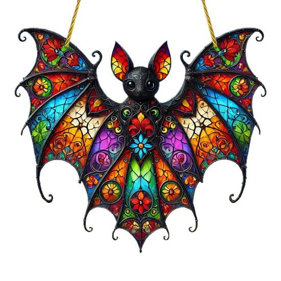 Halloween Colorful Bat Hanging Decoration Stained Glass 2D Flat Acrylic Witch Hat Suncatcher Indoor Outdoor Wall Window Hanging Sign Ornament